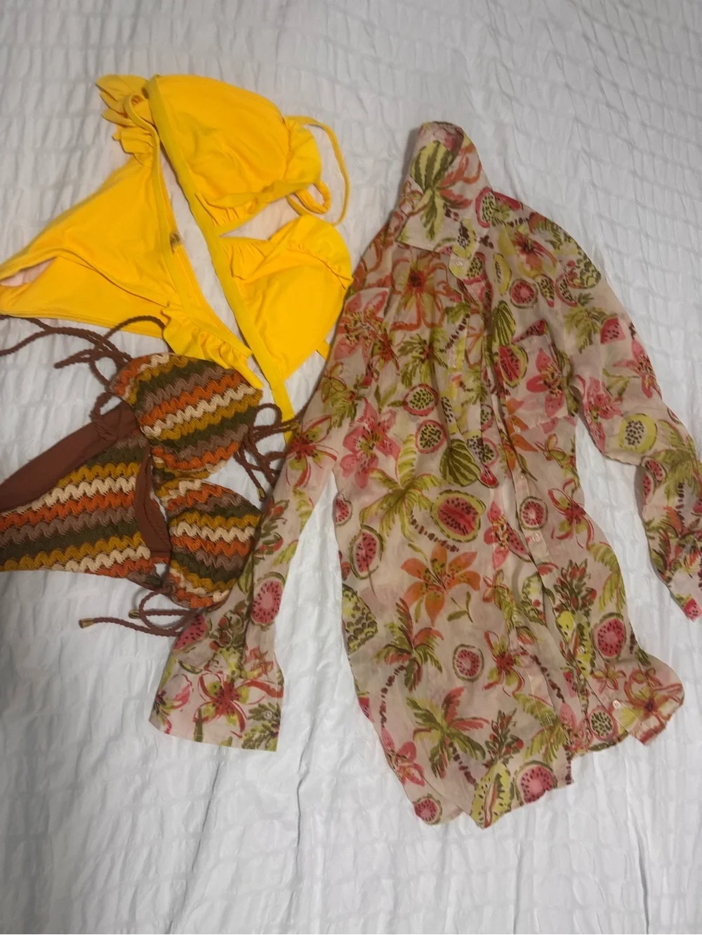 One-Piece Swim Cover and Two Bikini Set in Yellow, Brown, Green